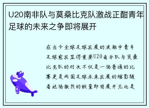 U20南非队与莫桑比克队激战正酣青年足球的未来之争即将展开